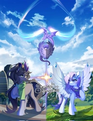 Size: 1576x2048 | Tagged: safe, artist:alus, artist:aluslikefafa, oc, oc only, bird, dragon, pegasus, pony, anime reference, chinese, city, clothes, commission, duo, hoof on chest, kimi no na wa, outdoors, scarf, spread wings, wings, your name