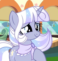 Size: 1220x1299 | Tagged: safe, artist:cstrawberrymilk, oc, oc only, oc:star dust, pony, unicorn, g4, base used, blue eyes, brooch, eyelashes, female, female oc, friendship express, gradient mane, gradient tail, gray coat, hoof on chest, horn, indoors, jewelry, locomotive, mare, mare oc, purple coat, screencap background, shawl, show accurate, smiling, solo, sparkles, sparkly mane, sparkly tail, striped mane, striped tail, tail, train, white mane, white tail