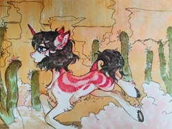 Size: 2048x1536 | Tagged: safe, artist:siatikas, oc, oc only, pony, unicorn, cactus, chest fluff, female, horn, mare, running, solo, traditional art