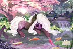 Size: 3000x2000 | Tagged: safe, artist:vitani, oc, oc only, earth pony, fish, pony, cherry blossoms, female, flower, flower blossom, lily (flower), lilypad, lying down, mare, prone, scenery, solo, water, waterfall