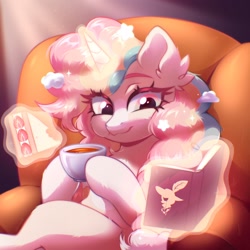 Size: 2560x2560 | Tagged: safe, artist:seurnik, oc, oc only, oc:suflya, pony, unicorn, book, cloud, couch, ear fluff, eating, food, halfbody, herbivore, horn, long eyelashes, magic, magic aura, multicolored hair, rainbow eyes, rainbow hair, reading, sandwich, solo, stars, strawberry