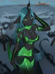 Size: 2048x2732 | Tagged: safe, artist:erival, queen chrysalis, changeling, changeling queen, anthro, g4, armor, blade, breasts, cleavage, clothes, female, looking at you, socks, solo, thigh highs, weapon