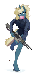 Size: 1098x2262 | Tagged: safe, artist:redxbacon, oc, oc only, oc:maple parapet, unicorn, anthro, unguligrade anthro, breasts, bubblegum, clothes, female, food, gum, gun, horn, leotard, mare, rifle, running, simple background, solo, two toned mane, weapon, white background