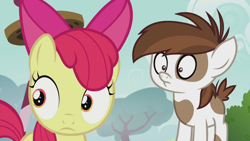 Size: 1280x720 | Tagged: safe, screencap, apple bloom, pipsqueak, earth pony, pony, crusaders of the lost mark, g4, my little pony: friendship is magic, duo, duo male and female, female, male, outdoors, reaction image, surprised, wide eyes