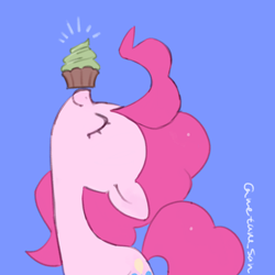 Size: 4096x4096 | Tagged: safe, artist:metaruscarlet, pinkie pie, earth pony, pony, g4, balancing, blue background, cupcake, emanata, eyes closed, food, nose in the air, ponies balancing stuff on their nose, simple background, smiling, solo