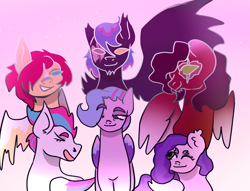 Size: 3130x2393 | Tagged: safe, artist:earth.loser, commander hurricane, flash magnus, pipp petals, private pansy, queen haven, zipp storm, ghost, pegasus, undead, g4, g5, female, generations, gradient background, male, princess, queen, royal family, royal legion, royal sisters (g5), siblings, sisters, spirit