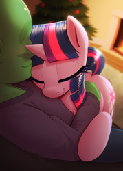 Size: 2860x4000 | Tagged: safe, artist:thebatfang, twilight sparkle, oc, oc:anon, human, pony, unicorn, g4, christmas, christmas tree, clothes, cute, depth of field, duo, duo male and female, eyes closed, female, fireplace, high res, holiday, horn, hug, hugging a pony, human on pony snuggling, indoors, male, mare, over shoulder, ponerpics import, rug, sitting, smiling, snuggling, sweater, sweet dreams fuel, tree, twiabetes, unicorn twilight