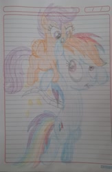 Size: 1021x1566 | Tagged: safe, artist:eiour, rainbow dash, scootaloo, pegasus, fanfic:i have no wings and i must fly, g4, alternate ending, amputee, drawing, fanfic, fanfic art, feather, flying, paper, pencil drawing, scootaloo can fly, spread wings, traditional art, wingless, wings