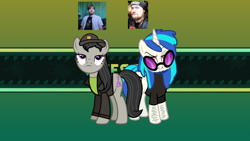 Size: 1200x675 | Tagged: safe, artist:epicheavytf2, artist:pyrogaming, edit, vector edit, dj pon-3, octavia melody, vinyl scratch, earth pony, human, pony, unicorn, g4, ? block, alternate hairstyle, beard, clothes, duo, facial hair, female, green shirt, hairy, hairy legs, hat, horn, irl, irl human, jacket, joel, looking at you, mare, moustache, photo, ponified, red eyes, reference, shirt, smiling, super mario, text, vargskelethor, vector, vinesauce, vinesauce vinny, vinyl's glasses