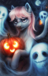 Size: 1315x2091 | Tagged: safe, artist:fantiimotaru, oc, oc only, ghost, pegasus, pony, undead, coat markings, facial markings, female, halloween, holiday, jack-o-lantern, mare, pumpkin, solo, spread wings, star (coat marking), wings