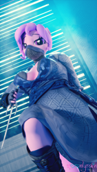 Size: 2160x3840 | Tagged: safe, artist:moonlyrain, oc, oc only, oc:raining moon, anthro, 3d, 4k, armor, blade, boots, bra, clothes, dagger, dress, gloves, high res, looking at you, mask, night, ninja, shoes, solo, underwear, weapon