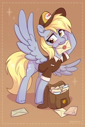 Size: 1378x2039 | Tagged: safe, artist:skysorbett, derpy hooves, pegasus, pony, g4, bag, blushing, clothes, female, gradient background, letter, mailmare, mare, mouth hold, solo, spread wings, uniform, wings