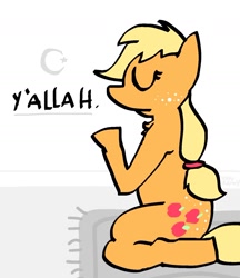 Size: 1280x1479 | Tagged: safe, artist:vaporammy, applejack, earth pony, pony, g4, anatomically incorrect, butt freckles, carpet, chest fluff, female, freckles, hatless, hooves together, incorrect leg anatomy, islam, joke, kneeling, mare, meme, missing accessory, praying, pun, religion, solo, wordplay, you're doing it wrong