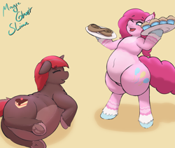 Size: 3569x3009 | Tagged: oc name needed, safe, artist:magicghostslime, pinkie pie, oc, earth pony, pony, unicorn, series:getting caked up, g4, abstract background, alternate design, belly, big belly, bipedal, coat markings, colored hooves, cupcake, duo, eyes closed, fat, female, food, high res, hooves, horn, lying down, male, on side, open mouth, open smile, pale belly, pastry, plate, pudgy pie, smiling, socks (coat markings), unicorn oc, unshorn fetlocks, weight gain sequence