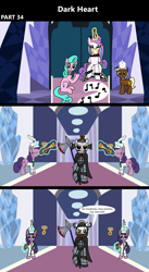 Size: 1920x3516 | Tagged: safe, artist:platinumdrop, aquamarine, princess flurry heart, oc, oc:brave dawn, alicorn, earth pony, pony, comic:dark heart, g4, 3 panel comic, alternate timeline, armor, balancing, beard, blood, clothes, collar, colt, comic, commission, crystal, crystal castle, crystal empire, cup, dark crystal, dialogue, drink, drinking, evil flurry heart, facial hair, facial scar, female, foal, folded wings, glowing, glowing horn, halberd, hat, horn, indoors, knight, looking at someone, magic, magic aura, male, mare, music notes, musical instrument, nail file, offscreen character, older, older aquamarine, older flurry heart, onomatopoeia, polearm, raised hoof, scar, sitting, slave, slave collar, smiling, sound effects, speech bubble, spiked collar, spiked wristband, stallion, teacup, teapot, telekinesis, throne, throne room, tray, trumpet, uniform, victorious villain, weapon, wings, wristband