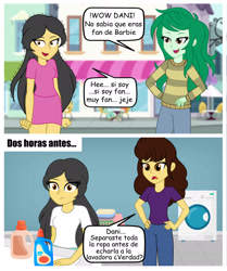 Size: 1697x2033 | Tagged: safe, artist:danielitamlp, wallflower blush, oc, oc:dany melody, oc:flower melody, human, equestria girls, g4, 2 panel comic, clothes, comic, detergent, eye clipping through hair, eyebrows, eyebrows visible through hair, female, flashback, hand on hip, indoors, mother, nervous, outdoors, spanish, spanish text, translated in the comments, washing machine