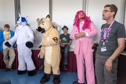 Size: 1024x681 | Tagged: safe, pinkie pie, shining armor, oc, human, galacon, g4, clothes, convention, cosplay, costume, furry, furry oc, fursuit, group, irl, irl human, photo, ponysuit