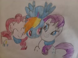 Size: 4096x3072 | Tagged: safe, artist:victoric1993, pinkie pie, rainbow dash, rarity, earth pony, pegasus, pony, unicorn, dragonshy, g4, my little pony: friendship is magic, eyes closed, group hug, horn, hug, multicolored hair, rainbow hair, scene interpretation, simple background, white background