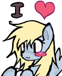 Size: 875x1067 | Tagged: safe, artist:poniesinmyhead, derpy hooves, pegasus, pony, g4, :3, blush sticker, blushing, bust, female, heart, mare, portrait, simple background, smiling, solo, white background