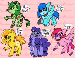 Size: 915x714 | Tagged: safe, artist:kharmacal, oc, oc only, oc:fried egg, oc:giggly, oc:starry sights, oc:thorny heart, oc:windy chills, earth pony, pegasus, unicorn, :3, :c, >:c, >:d, chest fluff, clothes, ear fluff, frown, group, hooves, horizontal pupils, horn, leonine tail, redesign, scarf, sextet, sparkles, sparkly hooves, tail, two toned hair, unshorn fetlocks, wingding eyes