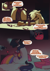 Size: 2733x3866 | Tagged: safe, artist:piesinful, apple bloom, applejack, rarity, earth pony, pony, unicorn, comic:unlucky day, fanfic:cupcakes, g4, alcoholism, clothes, crying, dress, drink, drinking, gala dress, horn, indoors, magic, speech bubble, telekinesis, text