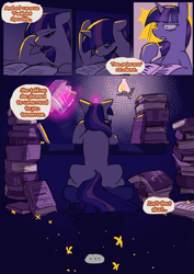 Size: 2733x3866 | Tagged: safe, artist:piesinful, twilight sparkle, pony, unicorn, comic:unlucky day, fanfic:cupcakes, g4, book, female, indoors, magic, mare, reading, speech bubble, telekinesis, tired, unicorn twilight