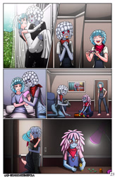 Size: 3184x4876 | Tagged: safe, artist:artemis-polara, cozy glow, oc, oc:smokestack, oc:steam puff, human, equestria girls, g4, barefoot, blushing, canon x oc, clothes, comic, commission, cozypuff, dress, feet, glasses, marriage, offspring, overalls, parent:cozy glow, parent:oc:steam puff, parents:canon x oc, pregnancy test, pregnant, shipping, toy, train, wedding, wedding dress