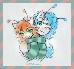 Size: 1500x1400 | Tagged: safe, artist:moewwur, artist:rin-mandarin, oc, oc only, oc:syrok, pony, :3, antennae, blushing, clothes, comforting, curly hair, curly mane, cute, daaaaaaaaaaaw, female, green eyes, hug, looking at each other, looking at someone, male, mare, new year, one eye closed, postcard, scarf, snuggling, stallion, tendrils, wink