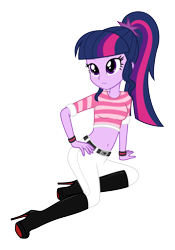 Size: 4400x6300 | Tagged: safe, alternate version, artist:gibsterboy5, artist:moogood, edit, editor:moogood, vector edit, twilight sparkle, human, equestria girls, g4, absurd resolution, belly, belly button, belt, boots, clothes, female, hand on hip, high heel boots, high heels, leather, leather boots, looking at each other, looking at someone, midriff, multicolored hair, pants, ponytail, red sole shoes, scrunchie, shirt, shoes, simple background, sitting, solo, striped shirt, stripes, transparent background, vector, white pants, wristband