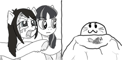 Size: 1255x622 | Tagged: safe, artist:deadarkshow-e, artist:granatrus, cat, earth pony, original species, yakutian horse, 2 panel comic, :3, comic, crying, grayscale, meme, monochrome, pinecone, stealing, unshorn fetlocks, woman yelling at a cat, yelling