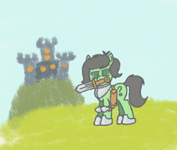 Size: 570x484 | Tagged: safe, artist:granatrus, oc, oc only, oc:filly anon, pony, armor, castle, female, female oc, filly, filly oc, foal, hoof shoes, mouth hold, outdoors, peytral, poem, pony oc, solo, sword, weapon