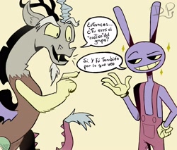 Size: 2048x1745 | Tagged: safe, artist:dumbpython, discord, draconequus, rabbit, anthro, g4, animal, crossover, dialogue, duo, duo male, emanata, grin, jax (tadc), male, open mouth, open smile, pointing, signature, simple background, smiling, spanish, sparkles, speech bubble, the amazing digital circus, translated in the description