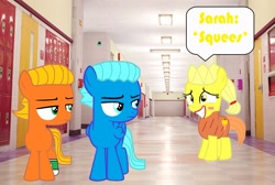 Size: 2049x1375 | Tagged: safe, artist:memeartboi, earth pony, pegasus, pony, g4, annoyed, annoyed look, brothers, clothes, colt, darwin watterson, eyes open, female, filly, foal, food, grin, gumball watterson, hallway, ice cream, ice cream cone, indoors, looking at someone, looking back, male, middle school, nervous, nervous smile, open mouth, open smile, pegasus wings, ponified, sarah g. lato, school, school hall, siblings, smiling, socks, squee, standing, the amazing world of gumball, trio, unamused, wings