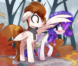 Size: 4270x3617 | Tagged: safe, artist:nevobaster, rarity, oc, oc:rml, pegasus, pony, unicorn, g4, autumn, blushing, canon x oc, city, covering, cute, eyelashes, eyes closed, eyeshadow, female, forest, horn, lidded eyes, makeup, mare, nature, outdoors, rain, raribetes, shipping, skyscraper, tree, wet, wet mane, wing umbrella, wings