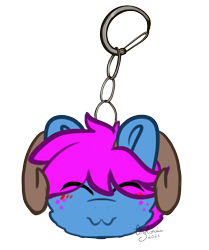 Size: 662x793 | Tagged: artist needed, safe, oc, oc only, oc:bliss, oc:puffy bliss, earth pony, pony, :3, closed mouth, commission, cute, eyes closed, eyes over hair, goat horns, hair over eyes, horns, keychain, simple background, smiling, solo, transparent background, ych result