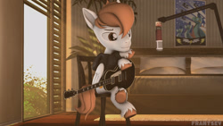 Size: 1920x1080 | Tagged: safe, artist:franzu5ik, oc, oc only, oc:rodzoplay, pegasus, pony, 3d, bed, bedroom, brown eyes, bush, carpet, chair, clothes, electric guitar, folded wings, glowing, guitar, hoodie, houseplant, indoors, male, microphone, musical instrument, pillow, plant, poster, revamped ponies, room, sitting, solo, source filmmaker, thinking, window, wings, wonderbolts