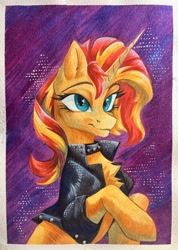 Size: 2806x3942 | Tagged: safe, artist:jsunlight, sunset shimmer, pony, unicorn, g4, chest fluff, clothes, collar, female, horn, jacket, mare, passepartout, smiling, solo, traditional art, watercolor painting