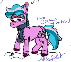 Size: 495x431 | Tagged: safe, artist:arsonrabbit, oc, oc only, oc:frigid flower, earth pony, pony, g4, blue hair, blue mane, blue tail, chest fluff, clothes, digital art, doodle, earth pony oc, freckles, hooves, looking at something, looking down, male, pink coat, plant, raised hoof, red eyes, red hooves, scarf, signature, simple background, solo, stallion, tail, text