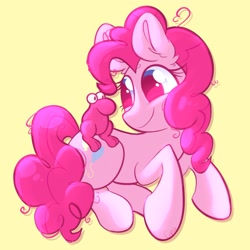 Size: 1933x1933 | Tagged: safe, artist:cupute, pinkie pie, earth pony, pony, g4, adorable face, big ears, big eyes, blue eyes, bluesky, creature, curly hair, curly mane, curly tail, cute, cute face, diapinkes, ears up, female, frizzy hair, full body, highlights, looking at each other, looking at hooves, looking at someone, looking at something, looking forward, lying down, mascara, messy mane, nerd, pink coat, pink hair, pink mane, pink tail, ponk, shiny, shiny mane, silly, simple background, smiling, tail, thick eyelashes, yellow background