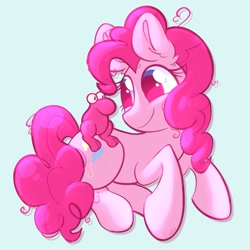 Size: 1933x1933 | Tagged: safe, artist:cupute, pinkie pie, earth pony, pony, g4, adorable face, big ears, big eyes, blue background, blue eyes, bluesky, creature, curly hair, curly mane, curly tail, cute, cute face, diapinkes, ears up, female, frizzy hair, full body, highlights, looking at each other, looking at hooves, looking at someone, looking at something, looking forward, lying down, mascara, messy mane, nerd, pink coat, pink hair, pink mane, pink tail, ponk, shiny, shiny mane, silly, simple background, smiling, tail, thick eyelashes