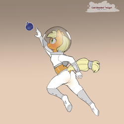 Size: 1200x1200 | Tagged: safe, artist:cold-blooded-twilight, applejack, earth pony, anthro, g4, apple, ass, blushing, butt, dock, female, food, freckles, gradient background, midriff, raised tail, smiling, solo, spacesuit, tail, younger