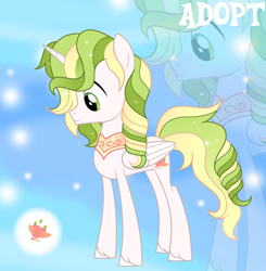 Size: 1280x1307 | Tagged: safe, artist:vi45, oc, oc only, alicorn, pony, adoptable, base used, colored hooves, concave belly, curly mane, curly tail, ethereal mane, feminine stallion, folded wings, frown, gradient background, green eyes, green mane, green tail, hooves, horn, long mane male, looking down, male, male alicorn, male alicorn oc, male oc, peytral, profile, ringlets, skinny, solo, sparkles, sparkly mane, sparkly tail, stallion, stallion oc, standing, starry mane, starry tail, tail, teenager, thin, three toned mane, three toned tail, unicorn horn, unshorn fetlocks, white coat, white hooves, wings, zoom layer