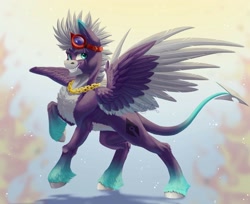 Size: 2048x1669 | Tagged: safe, artist:querisyart, oc, oc only, pegasus, pony, abstract background, chains, chest fluff, countershading, eye scar, facial scar, fangs, fit, goggles, goggles on head, grin, ribs, scar, slender, smiling, solo, spread wings, thin, unshorn fetlocks, watermark, wings