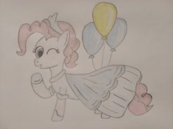 Size: 4032x3016 | Tagged: safe, artist:jakusi, pinkie pie, pony, g4, balloon, clothes, dress, female, hoof shoes, jewelry, mare, one eye closed, pinktober, princess, princess dress, princess shoes, shoes, solo, tiara, traditional art, waving, wink