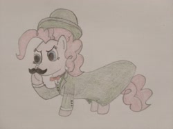 Size: 4032x3016 | Tagged: safe, artist:jakusi, pinkie pie, pony, g4, bowler hat, bowtie, clothes, coat, detective, facial hair, female, hat, hercule poirot, mare, moustache, pinktober, solo, suit, traditional art, vest