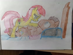 Size: 4096x3072 | Tagged: safe, artist:evilenchantress, doctor whooves, roseluck, time turner, earth pony, pony, g4, bed, bedroom eyes, dominant, female, female on male, female on top, femdom, high res, imminent sex, lying down, male, malesub, mare, mare on top, on back, ship:doctorrose, shipping, simple background, stallion, straight, submissive, traditional art, white background