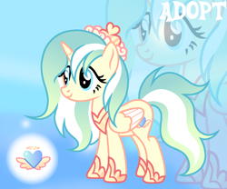 Size: 1280x1067 | Tagged: safe, artist:vi45, oc, oc only, alicorn, pony, adoptable, alicorn oc, base used, blue eyes, blue mane, blue tail, crown, ethereal mane, ethereal tail, eyelashes, female, female oc, gradient background, gradient mane, gradient tail, hoof shoes, horn, jewelry, long mane, long tail, mare, mare oc, peytral, princess shoes, regalia, smiling, solo, standing, striped mane, striped tail, tail, three quarter view, three toned mane, three toned tail, unicorn horn, wavy mane, wavy tail, wings, yellow coat, zoom layer