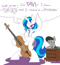 Size: 4800x5200 | Tagged: safe, artist:ponny, dj pon-3, octavia melody, vinyl scratch, earth pony, pony, unicorn, g4, armpits, bipedal, cello, chest fluff, colored, eyes closed, fake cutie mark, female, grumpy, horn, mare, musical instrument, octavia is not amused, paper, pouting, pouty lips, speech bubble, tape, text, unamused