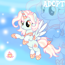 Size: 1280x1280 | Tagged: safe, artist:vi45, oc, oc only, alicorn, pony, adoptable, alicorn oc, base used, blue coat, blue wingtips, coat markings, colored wings, colored wingtips, ethereal mane, ethereal tail, eyelashes, female, female oc, flying, frown, gold jewelry, golden eyes, gradient background, gradient mane, gradient tail, hoof shoes, horn, horn accessory, horn ring, jewelry, light blue coat, mare, mare oc, peytral, pink mane, pink tail, princess shoes, ring, socks (coat markings), solo, spread wings, striped mane, striped tail, tail, tail accessory, tail jewelry, three quarter view, tied tail, two toned mane, two toned tail, two toned wings, unicorn horn, white wingtips, wing accessory, wing jewelry, wings, yellow eyes, zoom layer