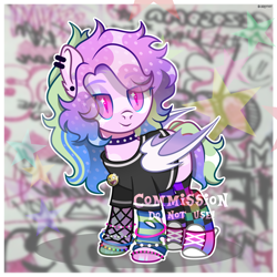 Size: 5000x5000 | Tagged: safe, alternate version, artist:scarffist, oc, oc only, bat pony, pony, base used, bat ears, bat pony oc, bat wings, bracelet, choker, clothes, colored wings, converse, ear piercing, eyeshadow, fangs, jewelry, long hair, long mane, makeup, multicolored hair, multicolored mane, multicolored tail, multicolored wings, passepartout, piercing, pin, pink eyes, scenecore, shirt, shoes, short tail, smiling, sneakers, solo, standing, stockings, t-shirt, tail, teeth, thigh highs, wings